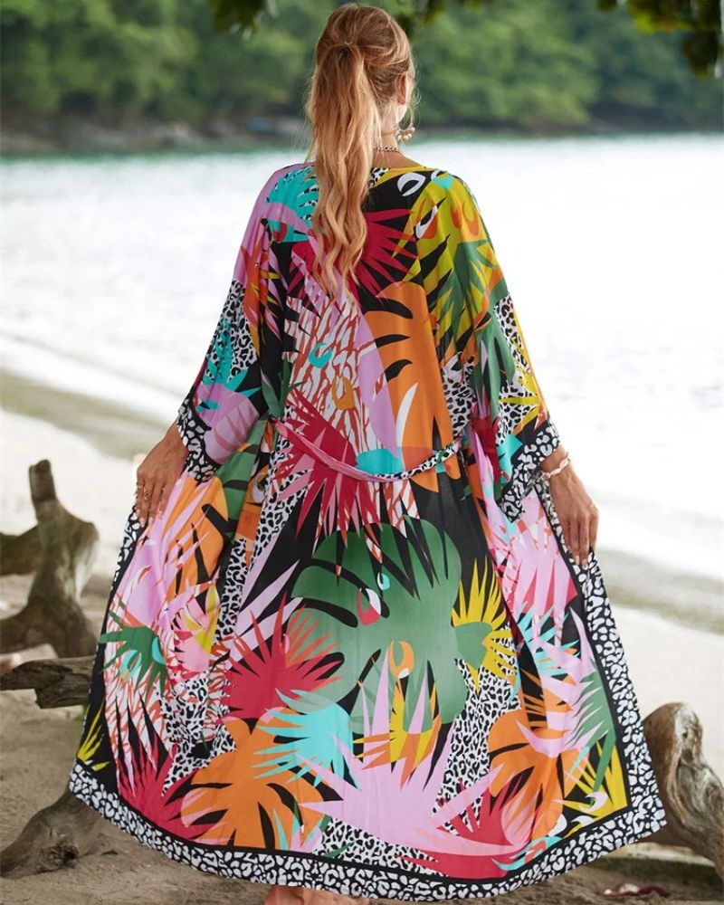 Kimono femme aux motifs tropicaux colorés — vue 3