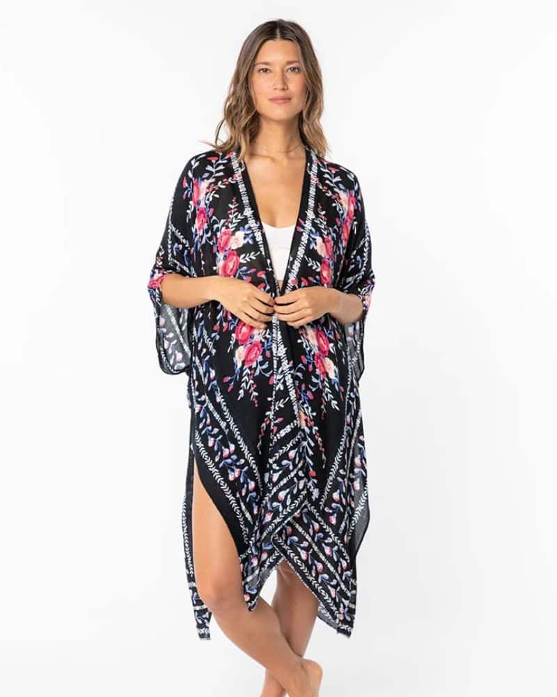 Kimono femme noir aux motifs floraux colorés — BOHERIS