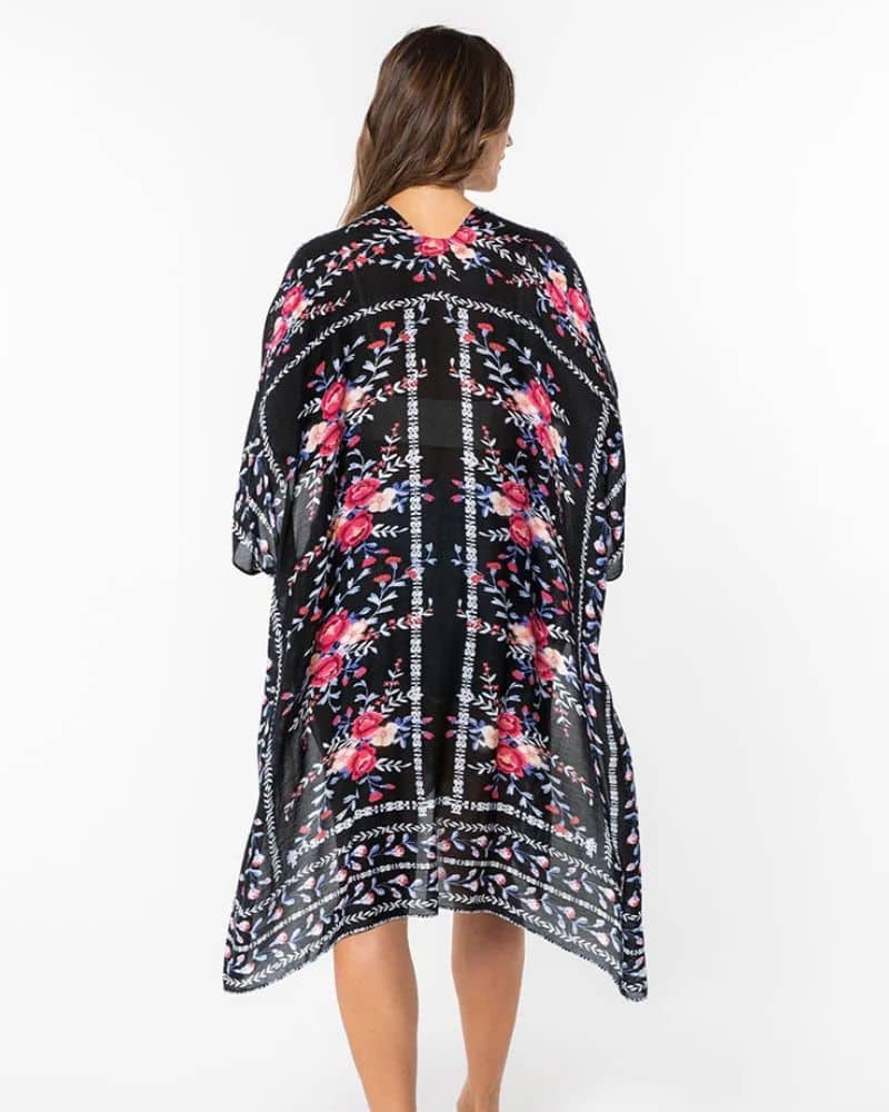 Kimono femme noir aux motifs floraux colorés — vue 3