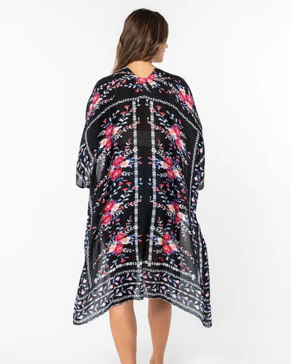 Kimono femme noir aux motifs floraux colorés — vue 3