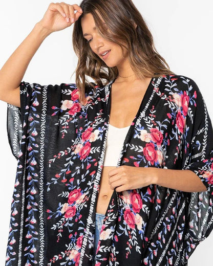 Kimono femme noir aux motifs floraux colorés — vue 4