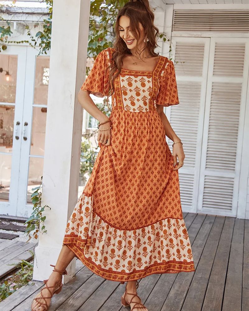 Robe bohème style rétro avec col carré — vue 3