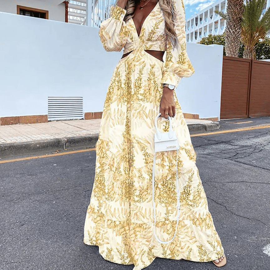 Robe bohème avec fente latérale et col en v — BOHERIS