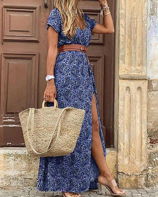 Robe bohème longue et ceinturée avec col en v — BOHERIS
