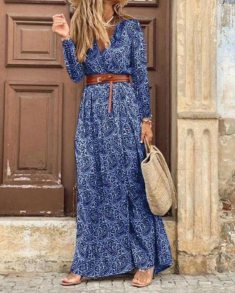 Robe bohème longue et ceinturée avec col en v — vue 2