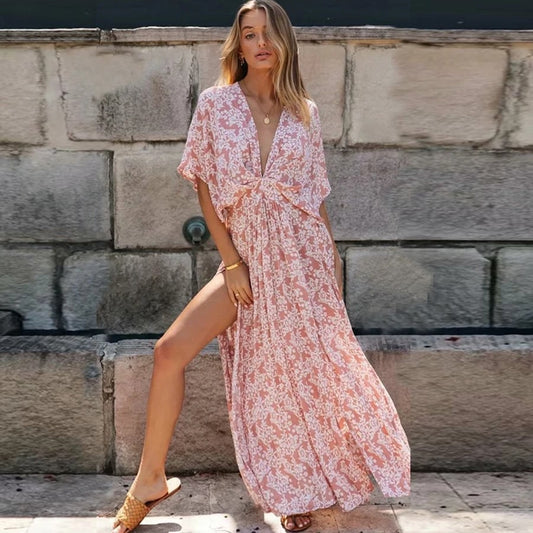 Robe bohème longue avec décolleté en v — BOHERIS