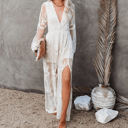 Robe bohème longue en dentelle avec fente — BOHERIS