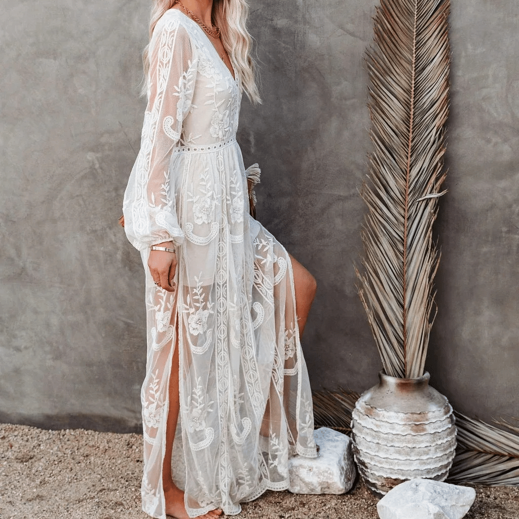 Robe bohème longue en dentelle avec fente — vue 2
