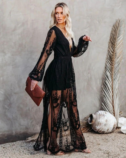 Robe bohème noire en dentelle ajourée — vue 3