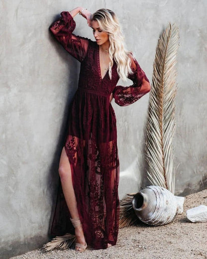 Robe bohème séduisante en dentelle bordeaux — vue 2