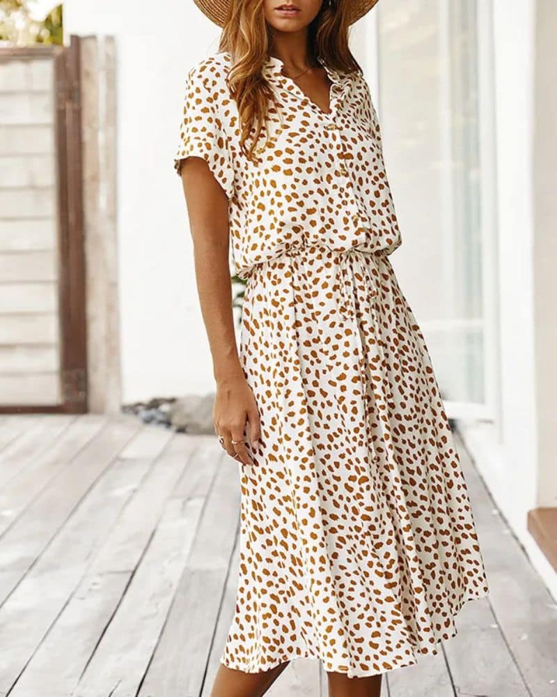 Robe champêtre beige et longue avec imprimé à pois — vue 2