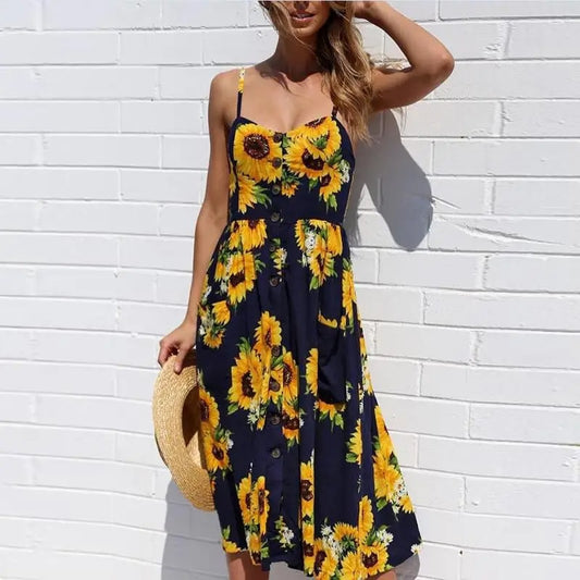 Robe champêtre bleu marine avec imprimé de tournesol — BOHERIS