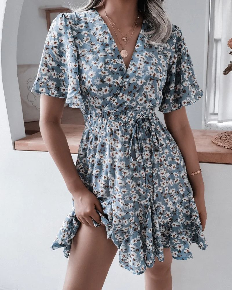 Robe champêtre courte avec imprimé estival et col en v — vue 2