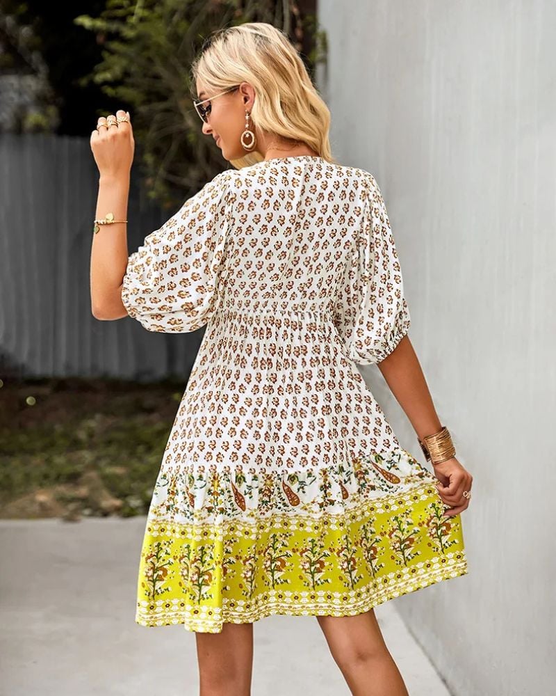 Robe champêtre jaune et courte à fleurs — vue 3