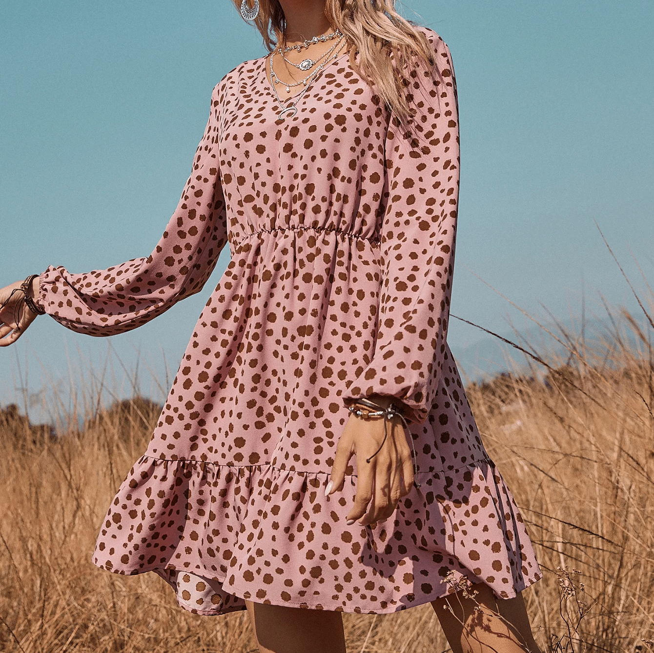 Robe champêtre avec motif à pois et manches longues — vue 3