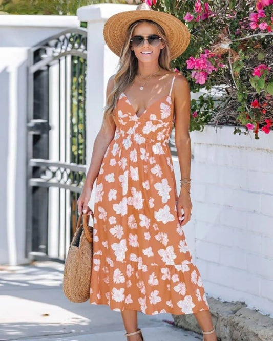 Robe champêtre orange avec motif floral — BOHERIS