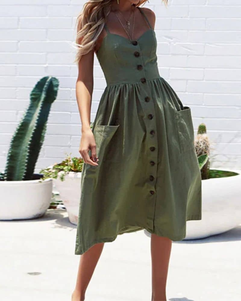 Robe champêtre verte avec boutons et poches — vue 2