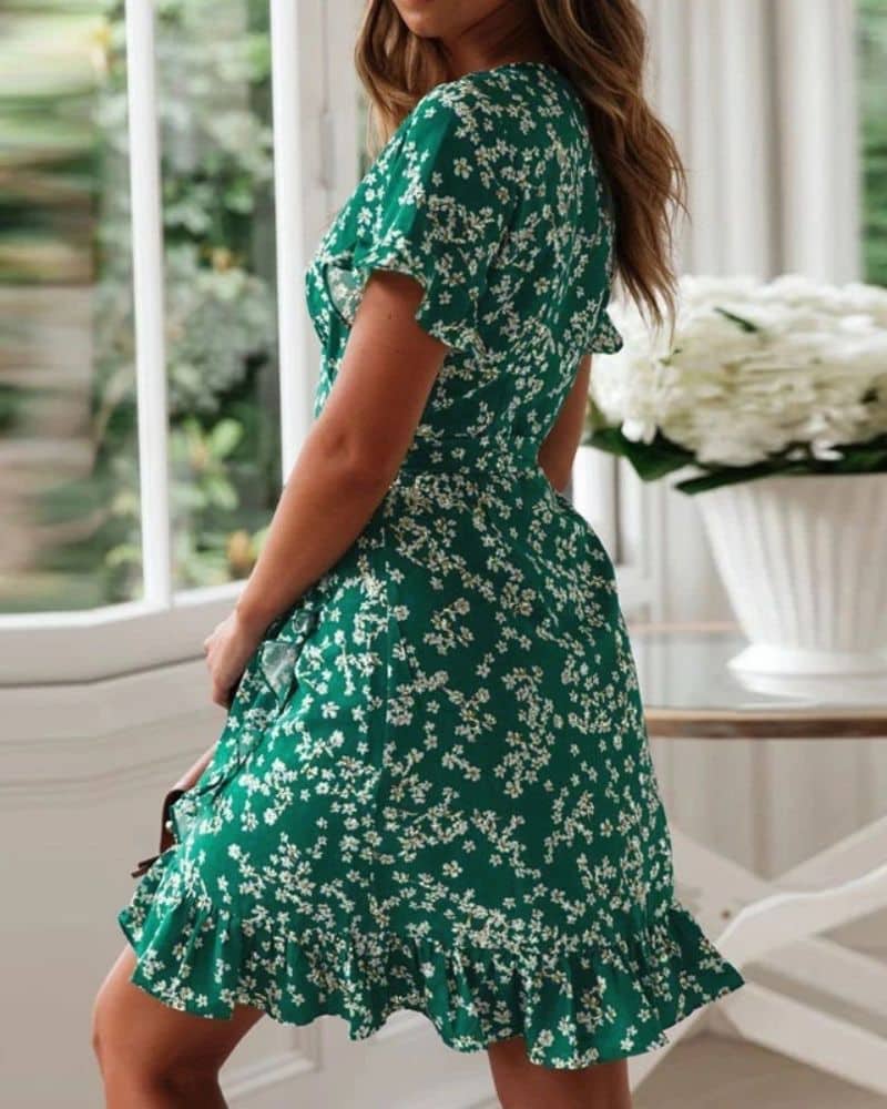 Robe champêtre verte à fleurs avec col en v — vue 3