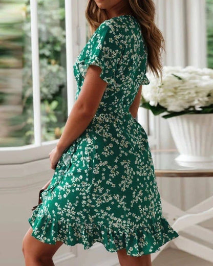 Robe champêtre verte à fleurs avec col en v — vue 3