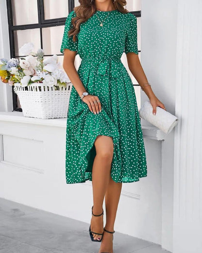 Robe champêtre verte à pois et ceinturée — BOHERIS