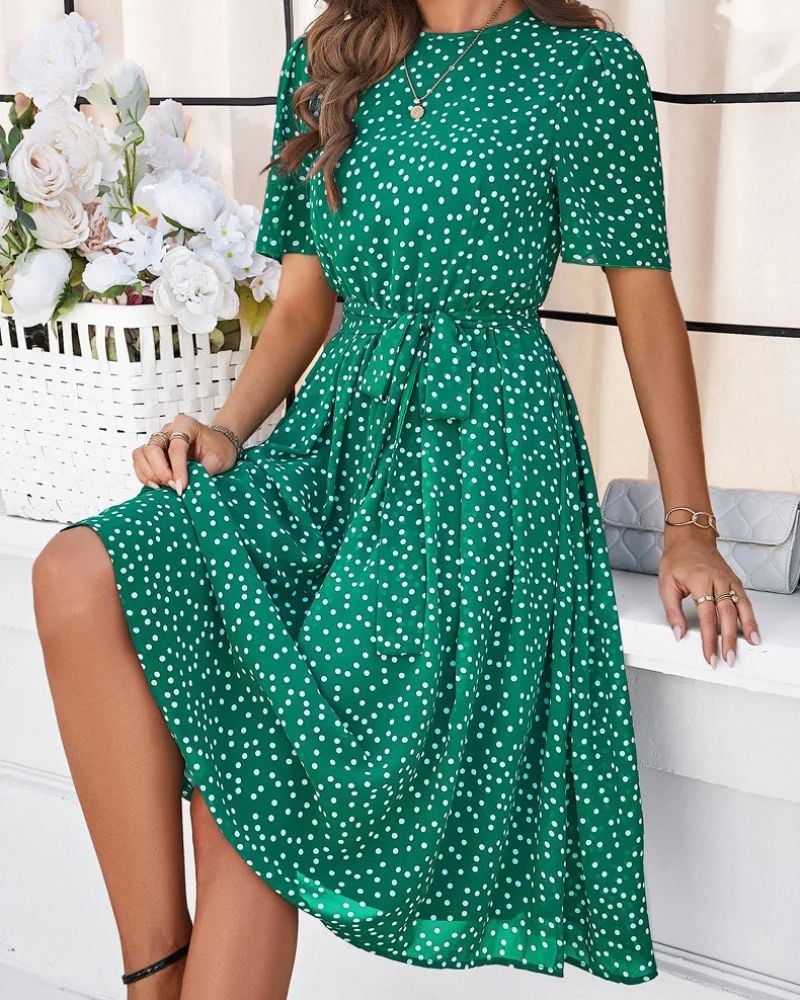 Robe champêtre verte à pois et ceinturée — vue 2