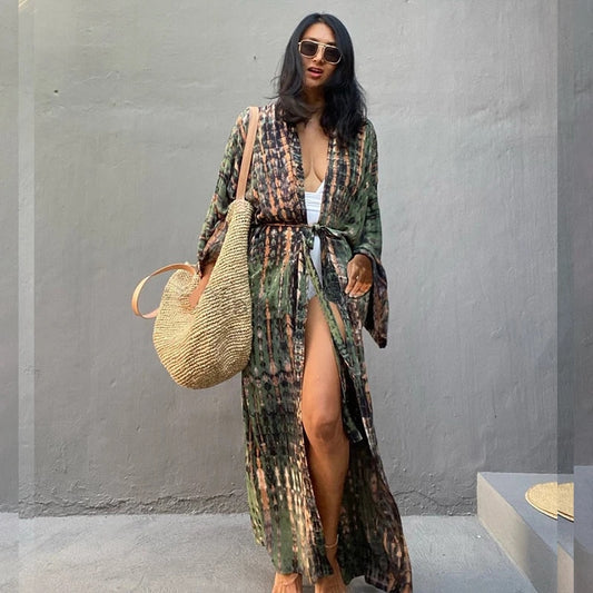 Robe de plage ajustable verte style kimono — BOHERIS