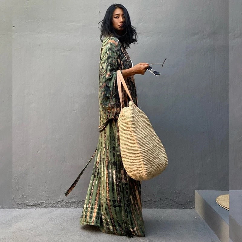 Robe de plage ajustable verte style kimono — vue 3