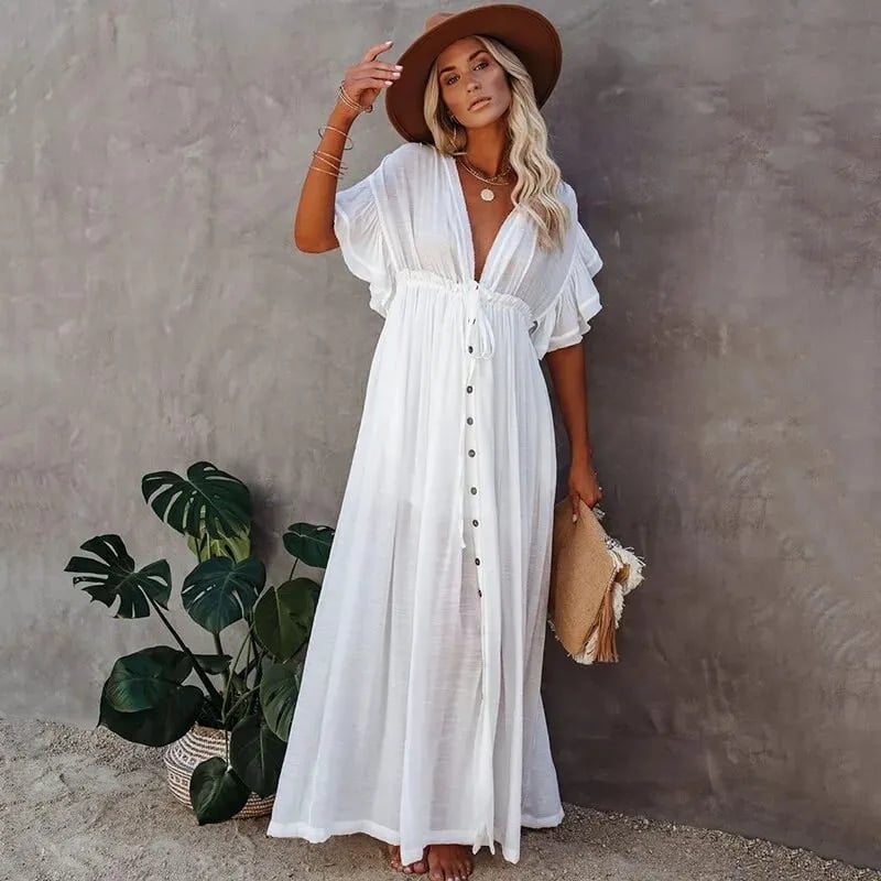 Robe de plage longue blanche à coupe évasée — BOHERIS
