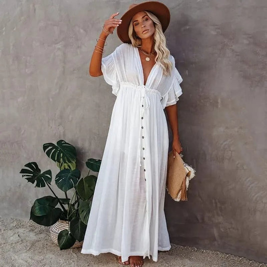 Robe de plage longue blanche à coupe évasée — BOHERIS