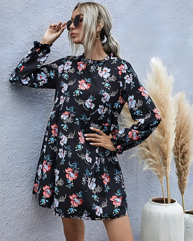 Robe courte bohème manches longues dentelle col rond — vue 2