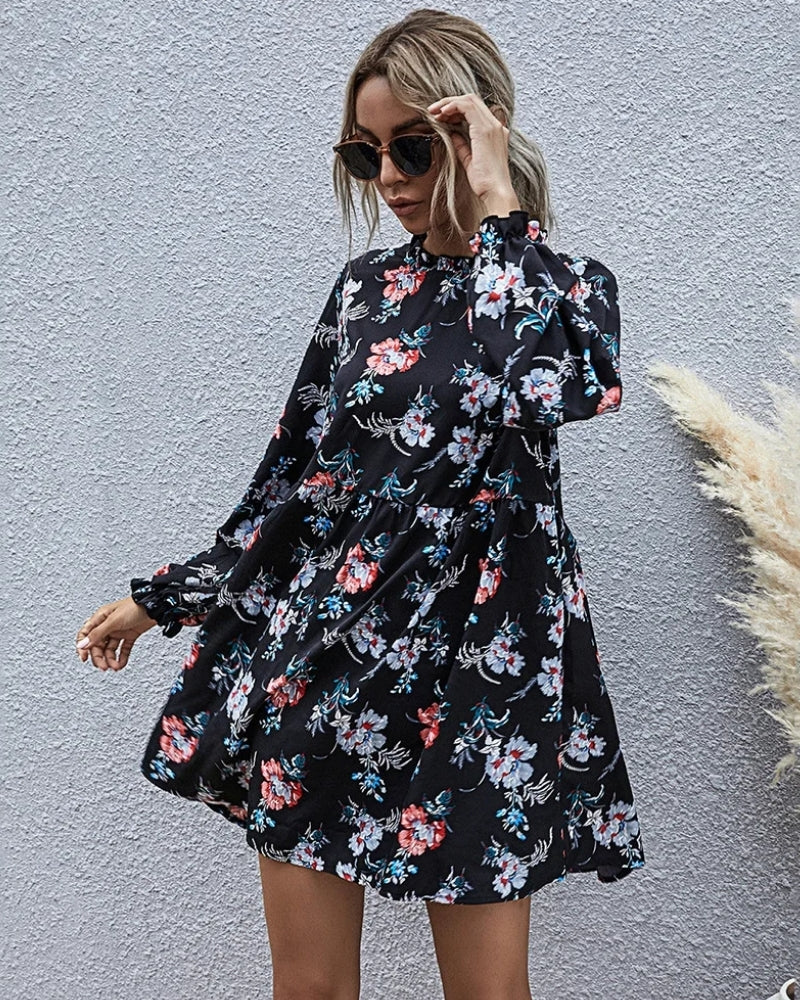 Robe courte bohème manches longues dentelle col rond — vue 7