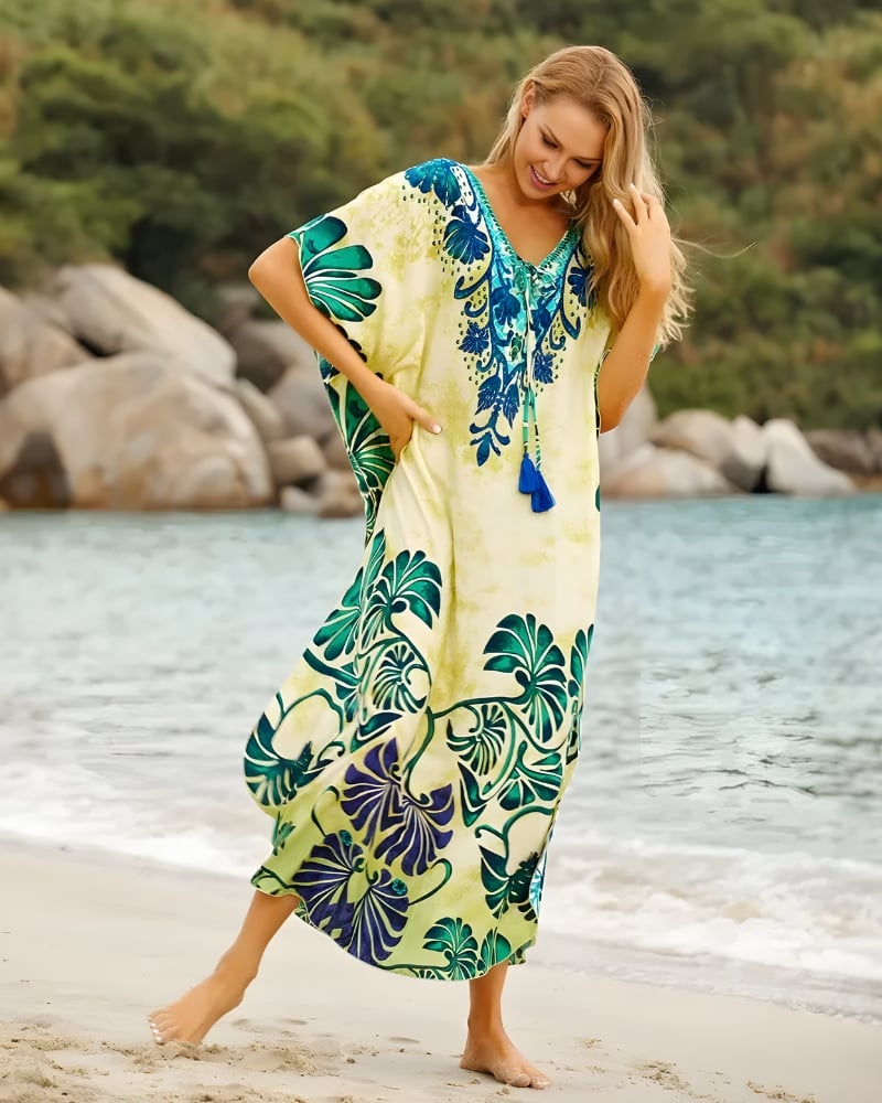 Robe de plage longue bohème imprimée fleurs — BOHERIS