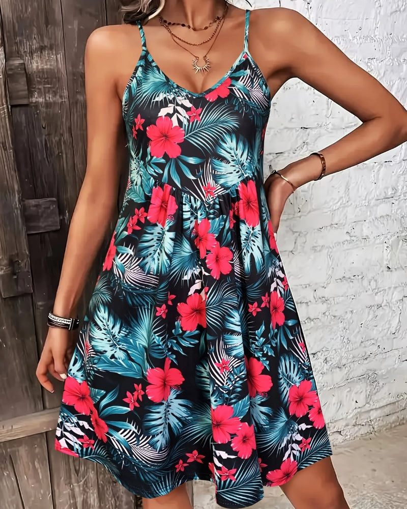 Robe bohème imprimée bretelles spaghetti col v été — BOHERIS
