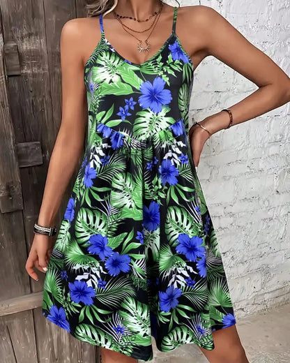 Robe bohème imprimée bretelles spaghetti col v été — vue 9