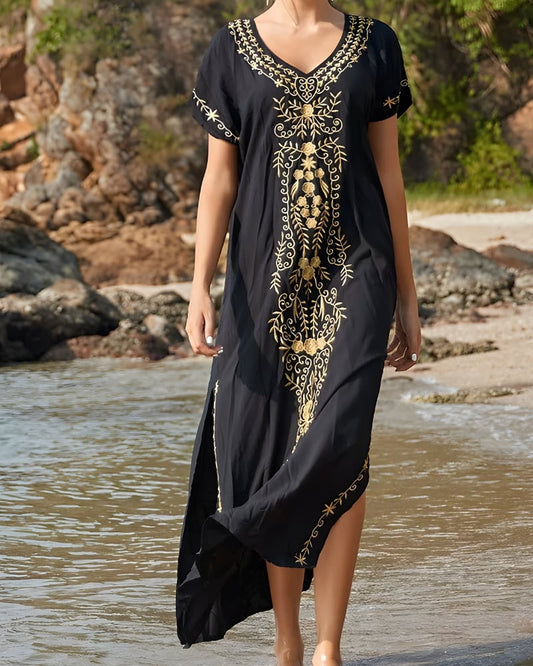 Robe longue bohème ample imprimée col en v plage été — BOHERIS