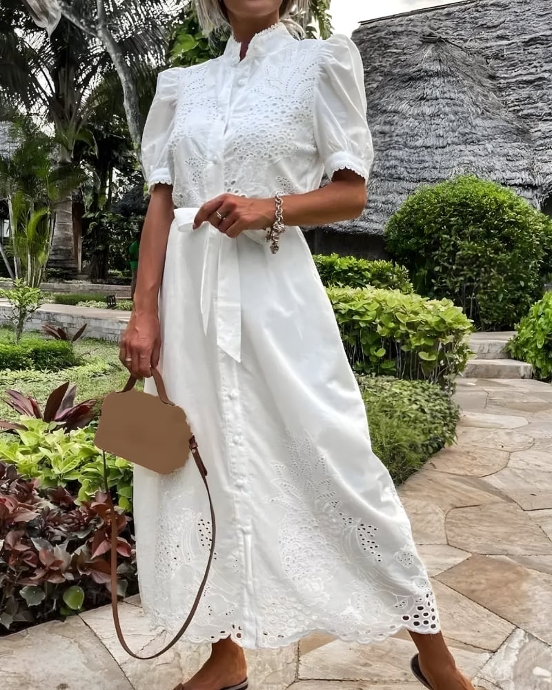 Robe longue broderie lacets coton bohème — BOHERIS