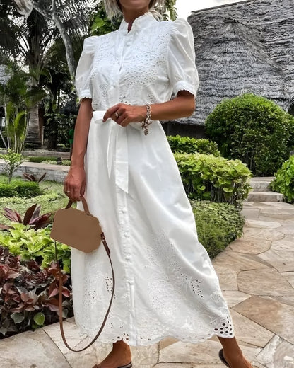 Robe longue broderie lacets coton bohème — BOHERIS