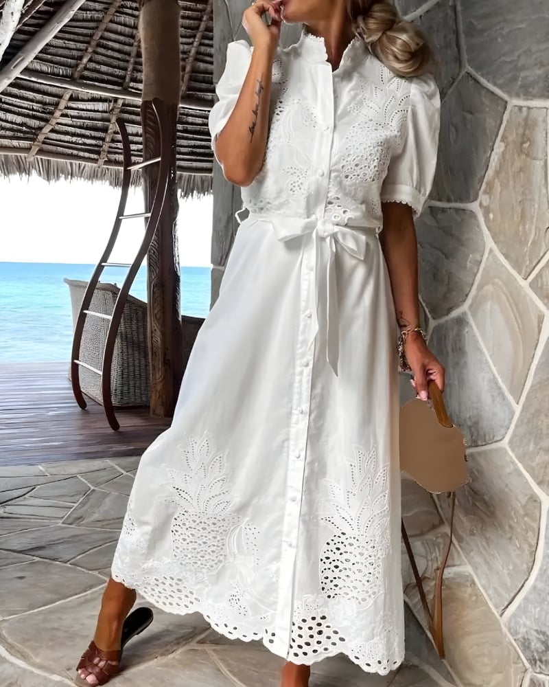 Robe longue broderie lacets coton bohème — vue 2