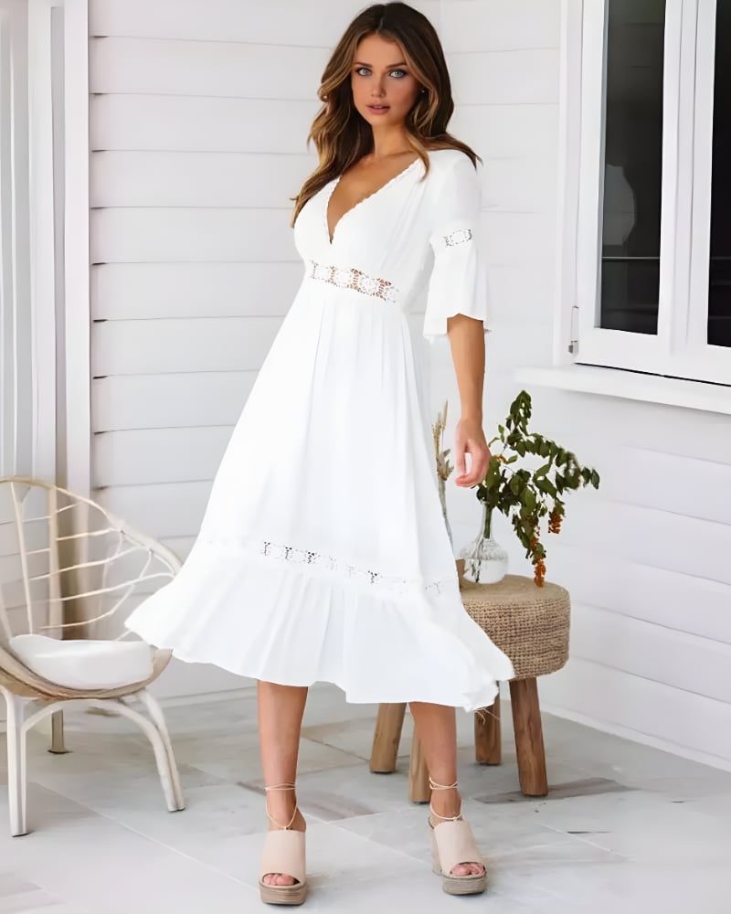 Robe longue dentelle florale bohème manches cloche — BOHERIS