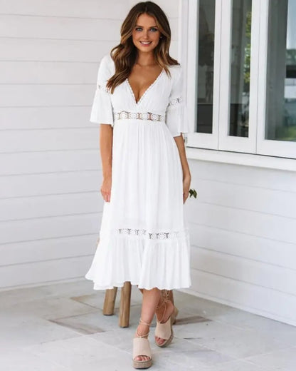 Robe longue dentelle florale bohème manches cloche — vue 2
