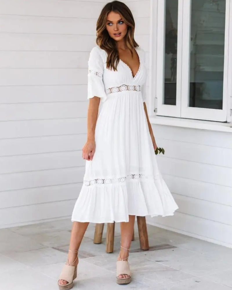 Robe longue dentelle florale bohème manches cloche — vue 5