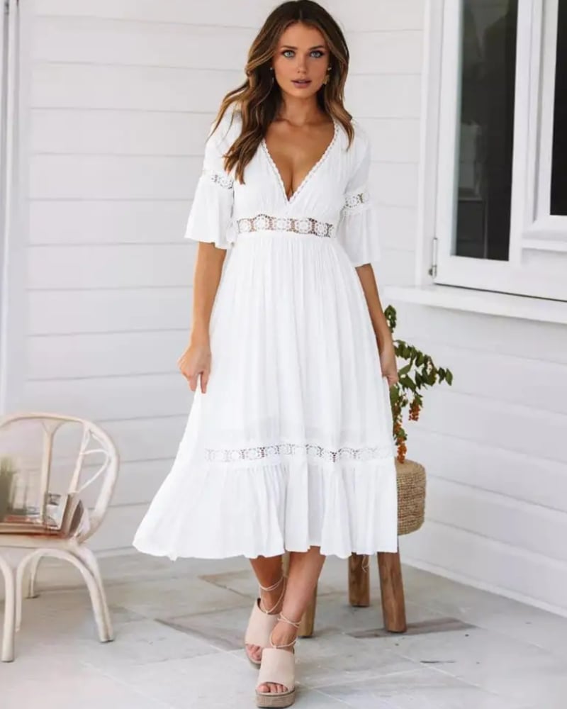 Robe longue dentelle florale bohème manches cloche — vue 4