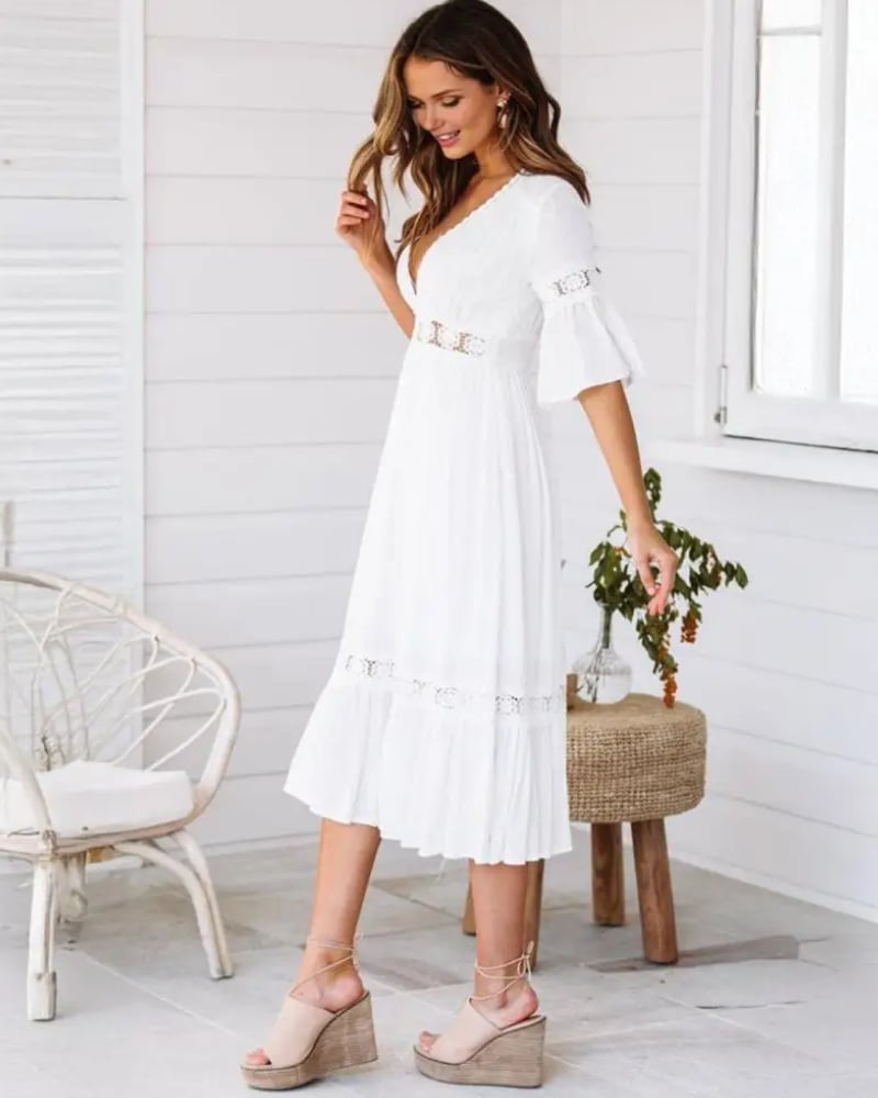 Robe longue dentelle florale bohème manches cloche — vue 3