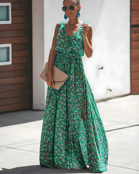 Robe longue imprimé col v romantique fente — BOHERIS