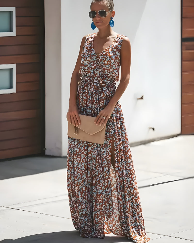 Robe longue imprimé col v romantique fente — vue 2
