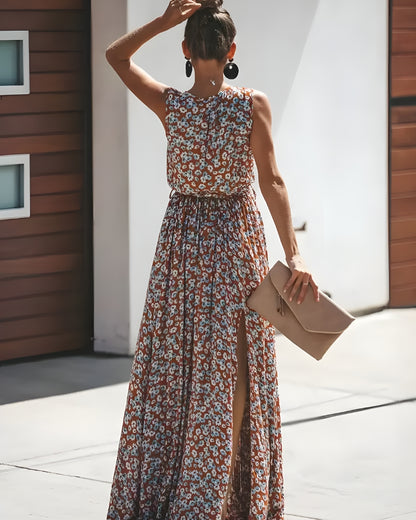 Robe longue imprimé col v romantique fente — vue 4