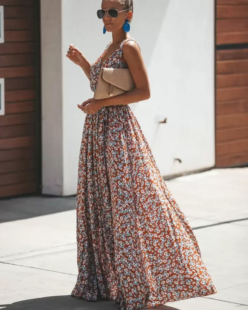 Robe longue imprimé col v romantique fente — vue 3