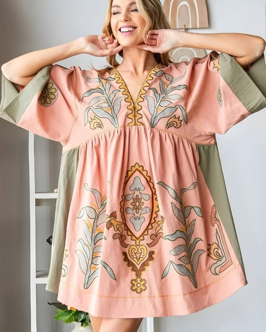 Robe mini lin et coton broderie florale bohème été — BOHERIS