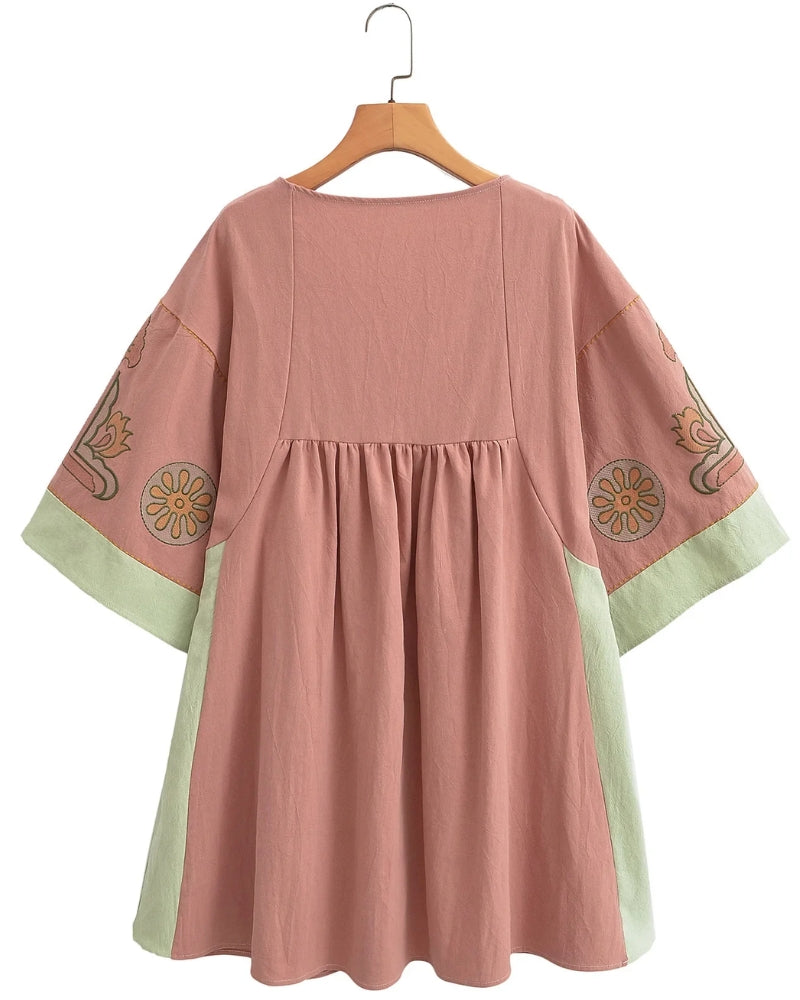 Robe mini lin et coton broderie florale bohème été — vue 7
