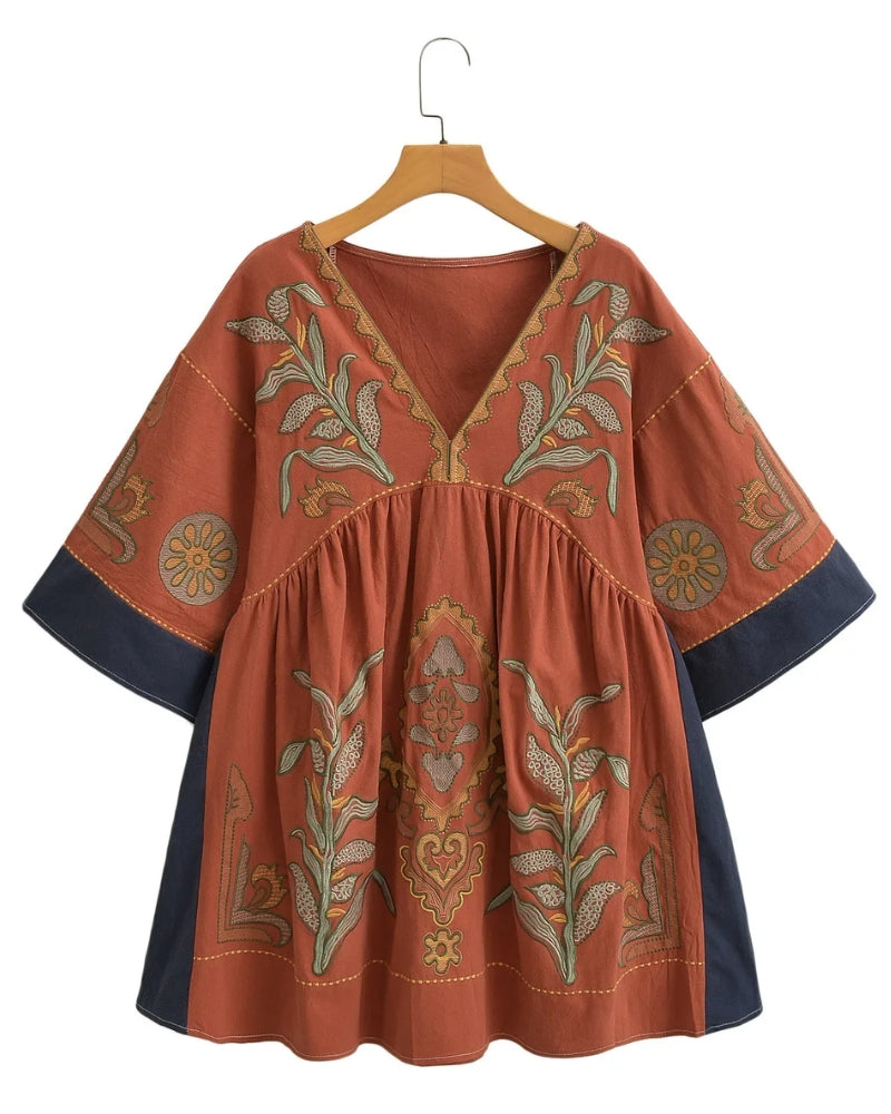 Robe mini lin et coton broderie florale bohème été — vue 6